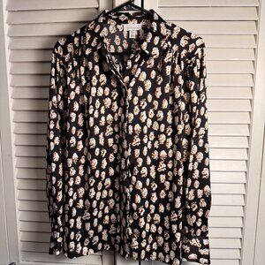 Topshop fingerprint satin size 6 Black & White blouse collared button up retro